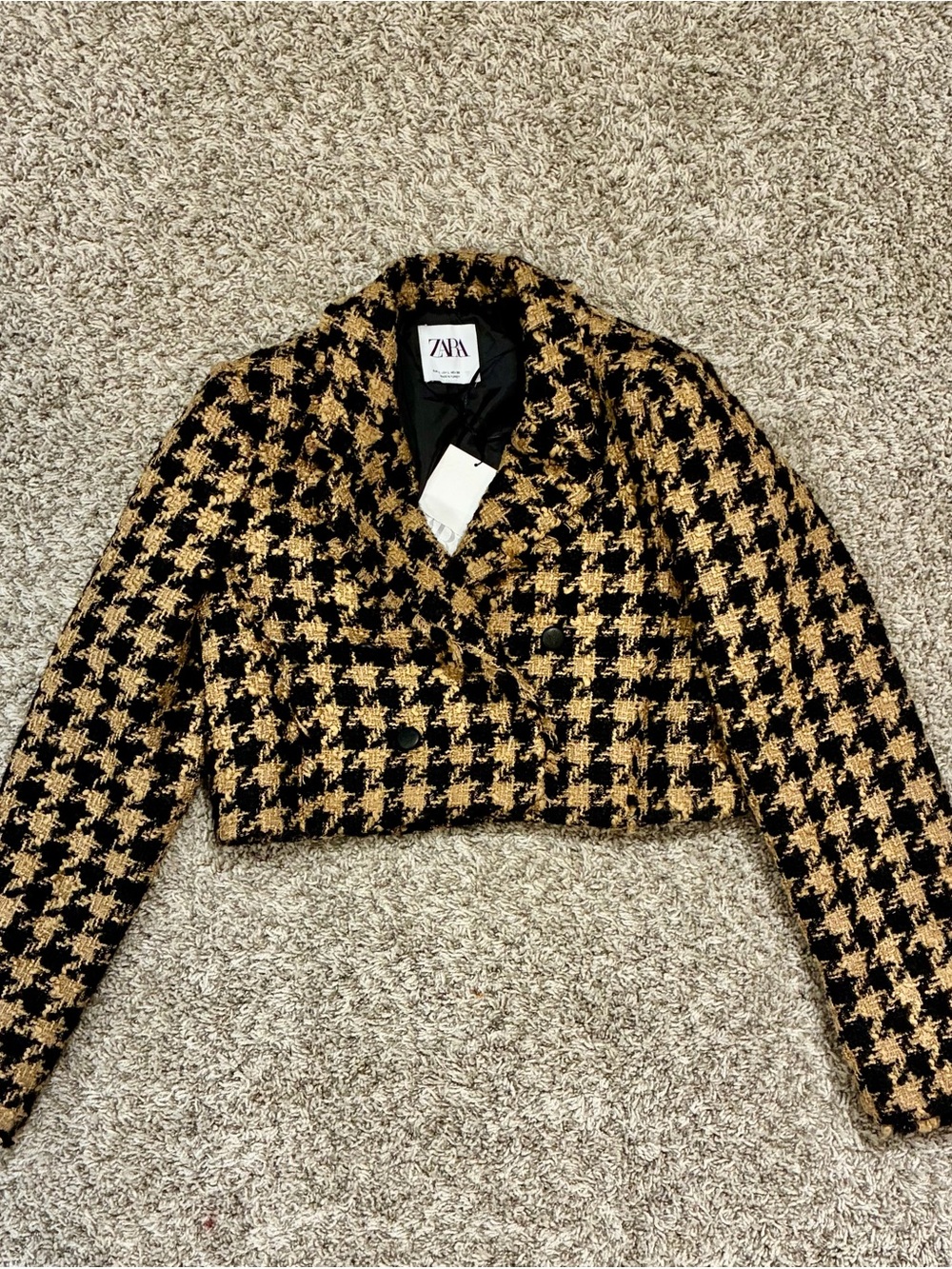ZARA Black & Tan Houndstooth Cropped Blazer